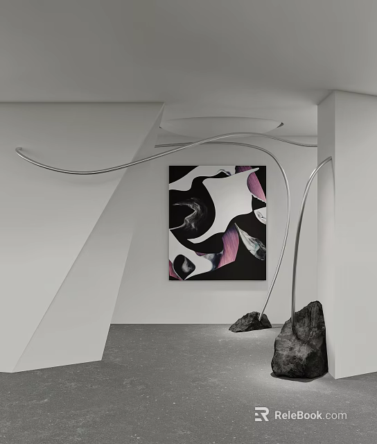 Abstract Painting on Modern White Wall with Curved Metal Decoration Gray Floor and Stone Ornament 3d model 