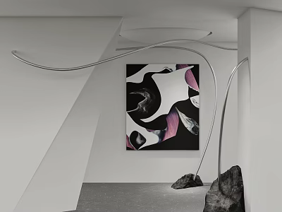 Abstract Painting on Modern White Wall with Curved Metal Decoration Gray Floor and Stone Ornament 3d model