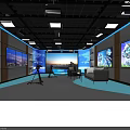 Modern Control Room Interior With Multiple Large Screens Cityscape Views And Camera Equipment 3d model