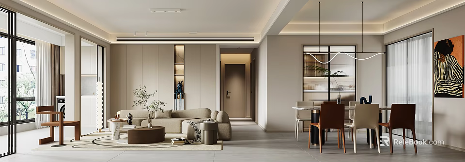 Modern Living and Dining Room Interior With Sofa Coffee Table And Dining Chairs 3d model