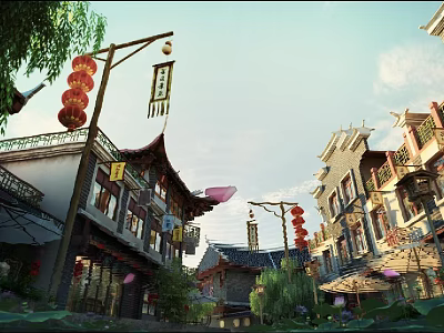 Ancient Architecture Street Featuring Traditional Buildings Red Lanterns Signboards and Green Plants 3d model