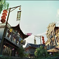 Ancient Architecture Street Featuring Traditional Buildings Red Lanterns Signboards and Green Plants