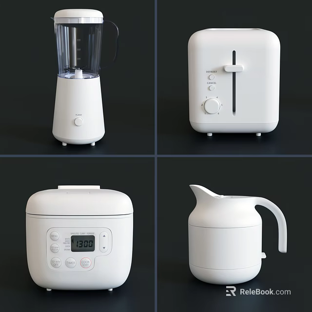 White Minimalist Kitchen Appliances Including Blender Toaster Rice Cooker And Electric Kettle With Simple Design 3d model 
