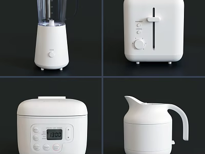 White Minimalist Kitchen Appliances Including Blender Toaster Rice Cooker And Electric Kettle With Simple Design 3d model