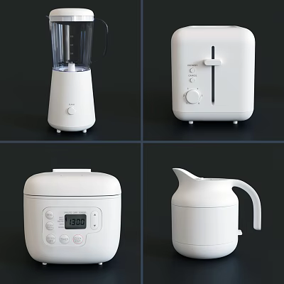 White Minimalist Kitchen Appliances Including Blender Toaster Rice Cooker And Electric Kettle With Simple Design 3d model