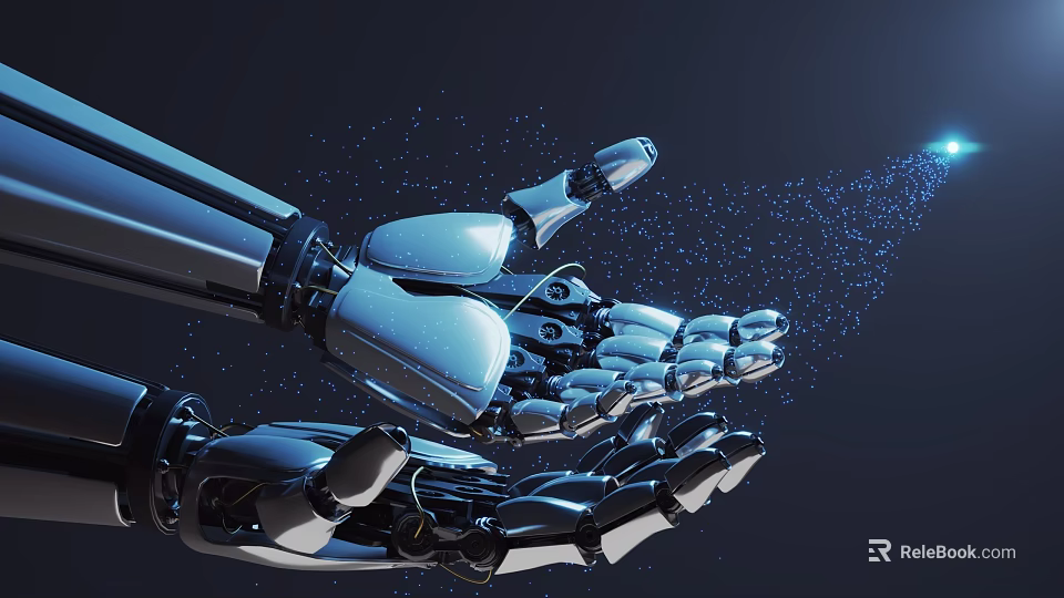 Futuristic Blue Robotic Arm With Shiny Metallic Parts And Floating Particles 3d model 