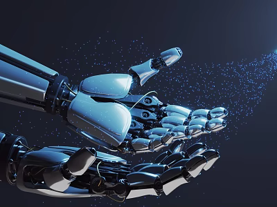 Futuristic Blue Robotic Arm With Shiny Metallic Parts And Floating Particles 3d model