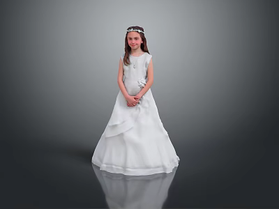 Little Girl Wearing White Long Dress Hair Hoop Hands Crossed Gray Background Reflective Floor 3d model