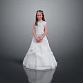 Little Girl Wearing White Long Dress Hair Hoop Hands Crossed Gray Background Reflective Floor