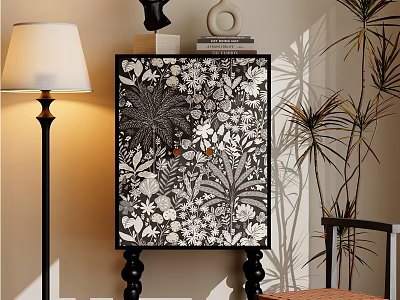 Black and White Floral Pattern Chest of Drawers with Floor Lamp Palm and Light Wall Interior 3d model