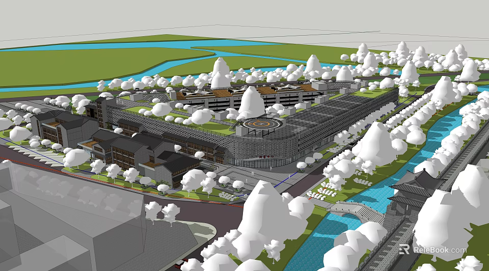 Scenic Commercial Street With Modern Architecture Traditional Elements River And Green Spaces 3d model 