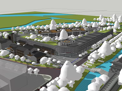 Scenic Commercial Street With Modern Architecture Traditional Elements River And Green Spaces 3d model