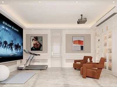 Modern Club Interior Featuring Large Screen TV Treadmill Yoga Mat Brown Armchairs And Wall Paintings 3d model
