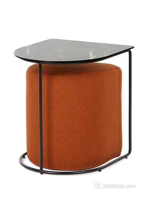 Modern Elegant Side Table With Marble Top Black Metal Frame And Orange Upholstered Base 3d model 