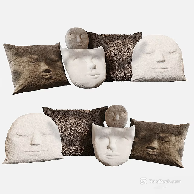 Face Shaped Decorative Pillows in White and Brown Design for Home Decoration 3d model 