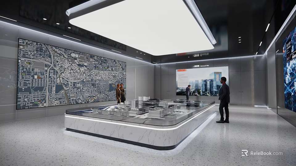 Modern Urban Planning Exhibition Hall Interior With Large Map Wall And Model Display Platform 3d model 