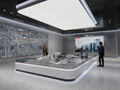 Modern Urban Planning Exhibition Hall Interior With Large Map Wall And Model Display Platform 3d model