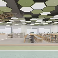 Modern Interior Space Featuring Tree Structure Hexagonal Ceiling Lights Open Layout Counter Tables Chairs 3d model