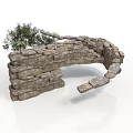 Rustic Stone Building Structure With Curved Arch Wall And Small Green Tree 3d model