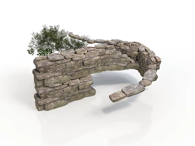 Rustic Stone Building Structure With Curved Arch Wall And Small Green Tree 3d model