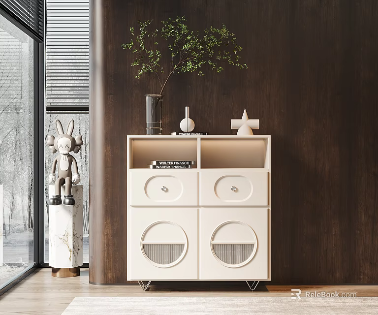 Modern White Dining Sideboard With Lighting Decorative Ornaments Green Plant And Dark Wooden Wall 3d model 