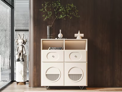 Modern White Dining Sideboard With Lighting Decorative Ornaments Green Plant And Dark Wooden Wall 3d model