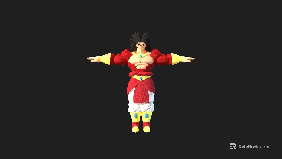 Muscular Anime Game Character With Red Outfit Yellow Cuffs And Black Hair Arms Outstretched 3d model 