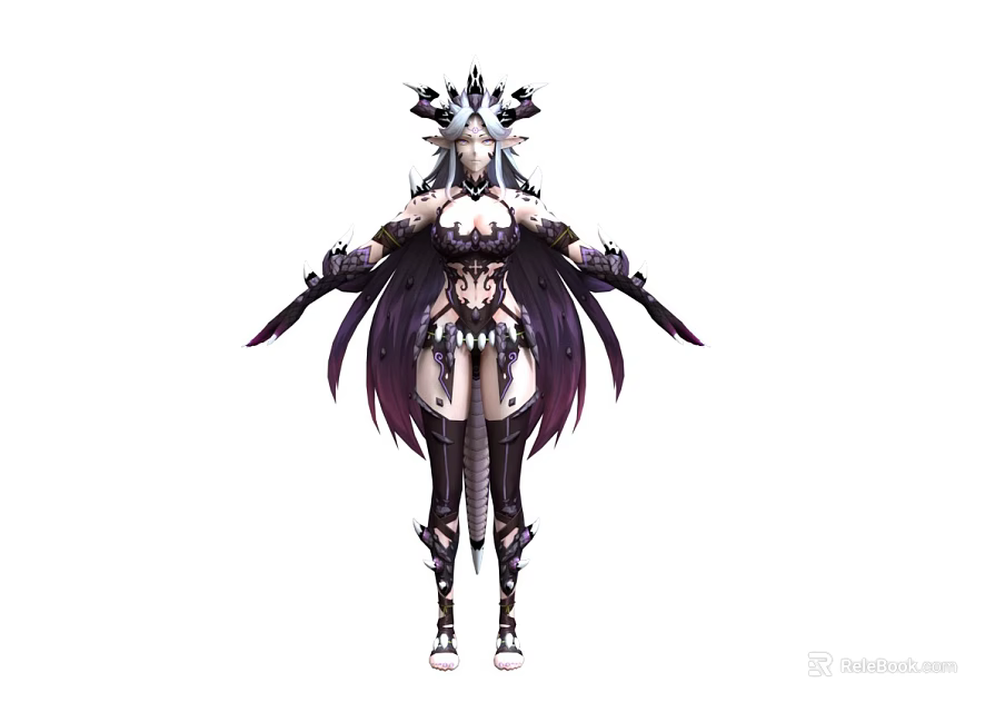 Mythical Woman In Intricate Armor With Ornate Headdress And Long Flowing Purple Hair 3d model 