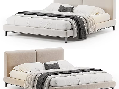 Modern Double Bed With Upholstered Headboard Soft Pillows And Cozy Blanket 3d model