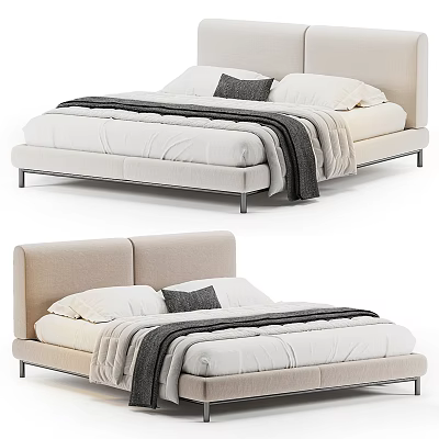 Modern Double Bed With Upholstered Headboard Soft Pillows And Cozy Blanket 3d model