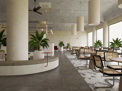 Modern Restaurant Interior Design With Pendant Lights Green Plants And Wooden Tables 3d model
