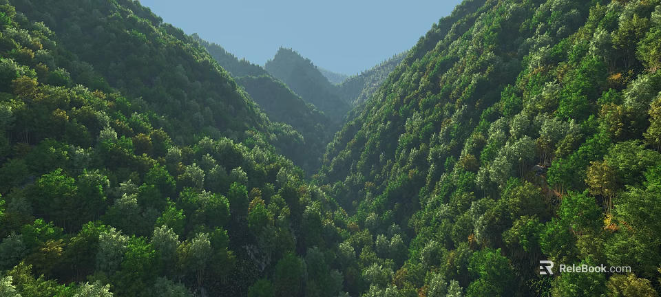 Beautiful Green Valley With Lush Forest And Mountain Range Under Clear Blue Sky 3d model 