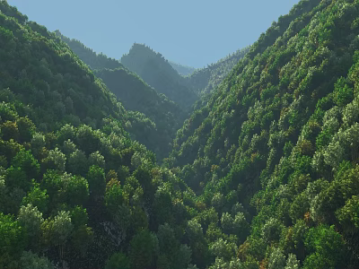 Beautiful Green Valley With Lush Forest And Mountain Range Under Clear Blue Sky 3d model
