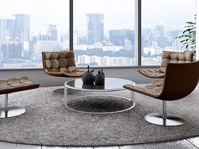Modern Living Room Leather Chairs And Round Glass Table Set By City View Window 3d model