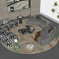 Curved Zebra Print And Gray Sofa Coffee Table Set With Marble Top And Decorative Pillows