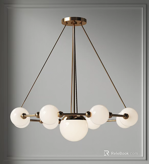 Modern Minimalist Chandelier with Golden Metal Frame and White Globe Lights 3d model 