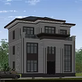 Two Story Detached Villa Modern Exterior With Large Windows Columns And Green Lawn