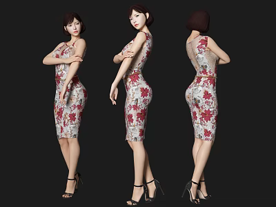 Woman in Red and White Floral Dress with Black High Heels from Three Angles 3d model
