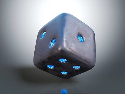 Metallic Dice with Blue Glowing Dots and Reflective Surface in 3D Rendering 3d model