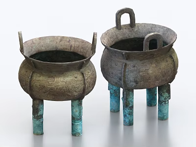 Vintage Bronze Decorative Ornament Set With Tripod Greenish Legs And Carved Patterns 3d model