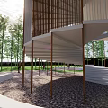 Modern Pavilion Open Design Surrounded by Trees Featuring Wooden Railings and Steps 3d model