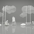 Creative Scene Featuring Mesh Clouds Ladder Easel Figures and Balloons on Gray Background 3d model