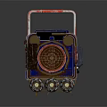 Blue Wheeled Mechanical Weapon With Red Handle Circular Components And Worn Texture 3d model