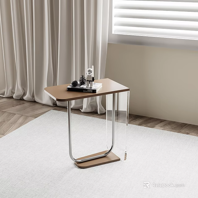 Modern Side Table With Wooden Top And Metal Frame On Light Carpet Near Curtains 3d model 