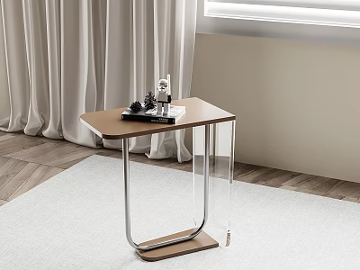 Modern Side Table With Wooden Top And Metal Frame On Light Carpet Near Curtains 3d model