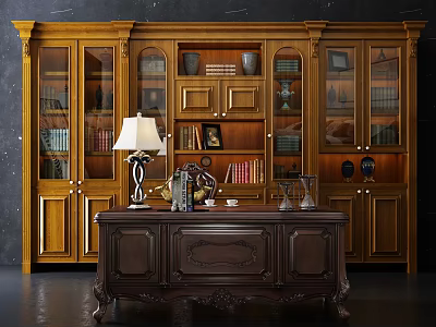 Ornate Carved Wooden Desk With Large Bookcase Books Decorations And Table Lamp 3d model
