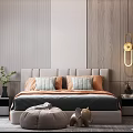 Modern Bedroom Interior With Wooden Wall Panels Upholstered Headboard Pendant Lights And Nightstands