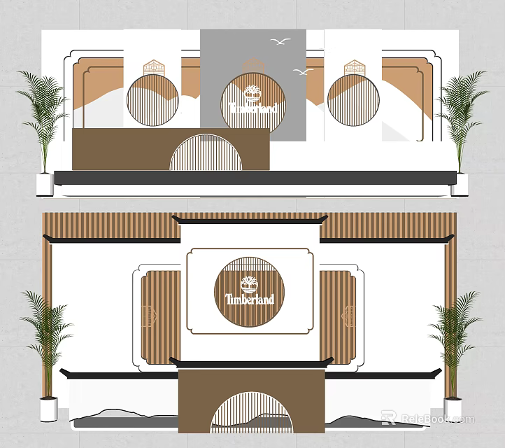 Traditional Chinese Wooden Reception Desk With Brown White Circular Decorations And Potted Plants 3d model 