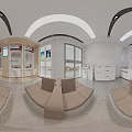 Modern Public Service Hall Interior Featuring Service Counters Waiting Sofas Display Screens And Wall Posters 3d model