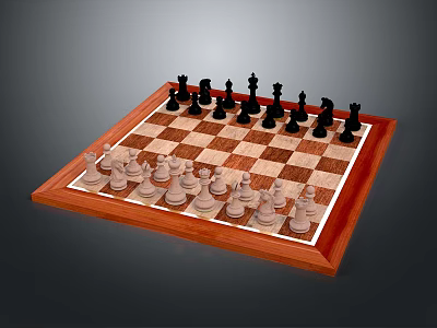 Classic Wooden Chessboard With Black And White Chess Pieces On Checkered Surface 3d model